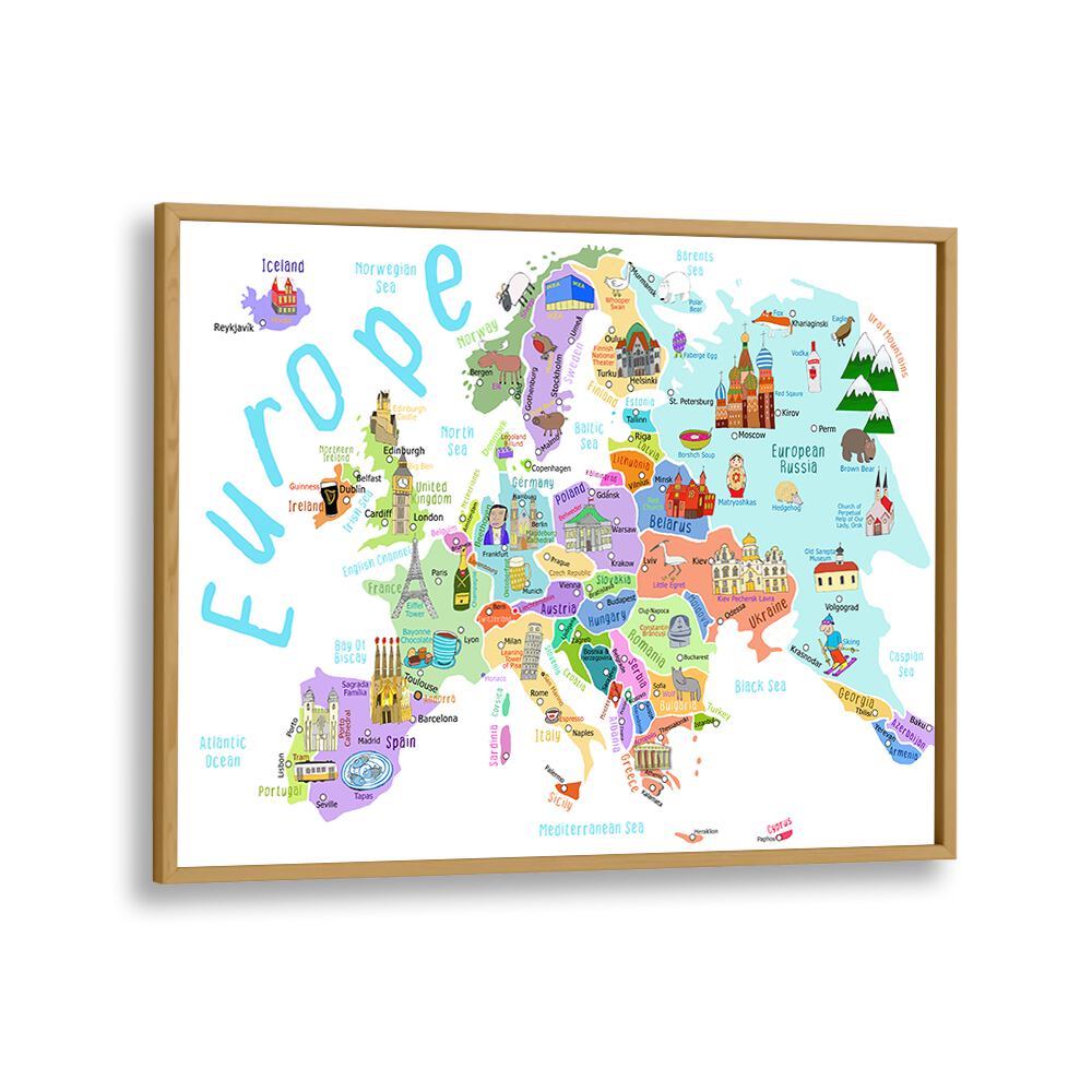 Europe Map With Famous Buildings By Carla Daly Kids Room Art in Oak Wood Plain Frame