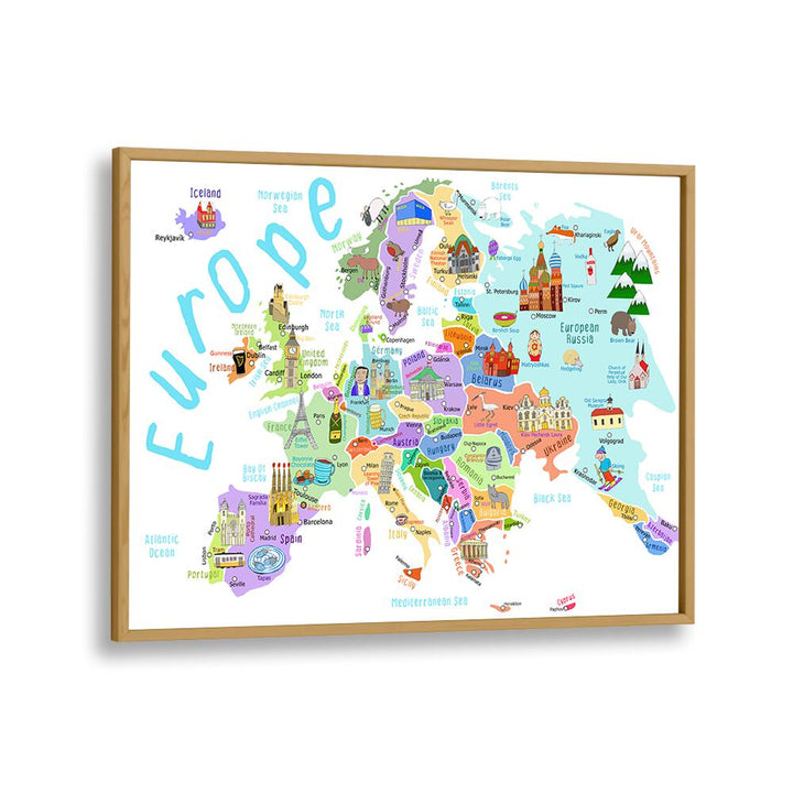 Europe Map With Famous Buildings By Carla Daly Kids Room Art in Oak Wood Plain Frame