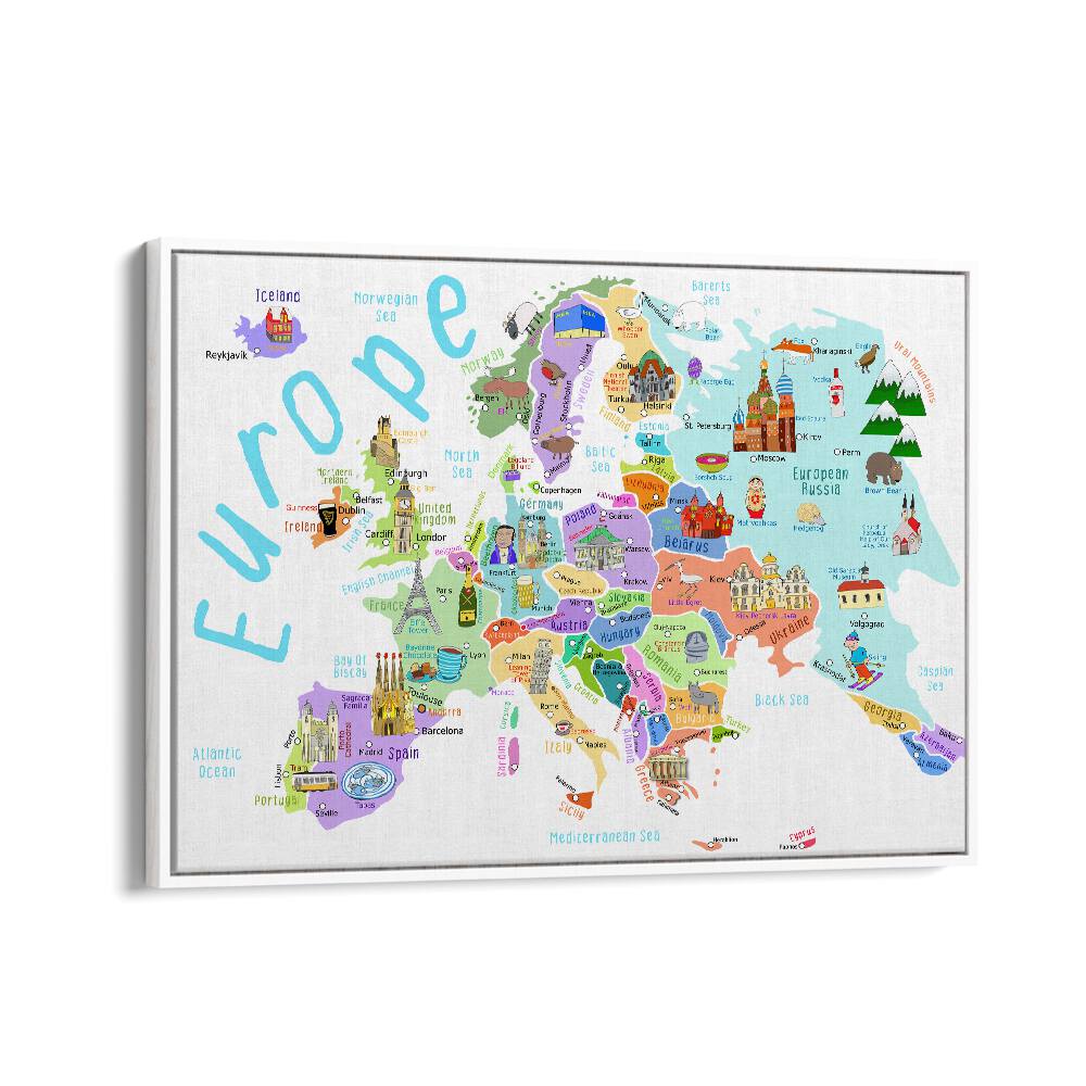 Europe Map With Famous Buildings By Carla Daly Kids Room Art in White Floater Frame