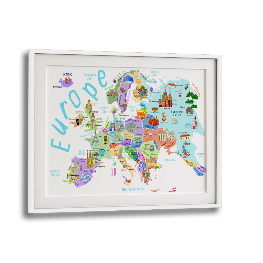 Europe Map With Famous Buildings By Carla Daly Kids Room Art in White Frame With Mount