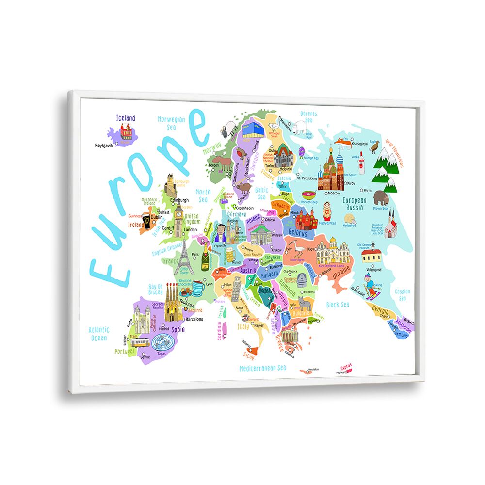 Europe Map With Famous Buildings By Carla Daly Kids Room Art in White Plain Frame