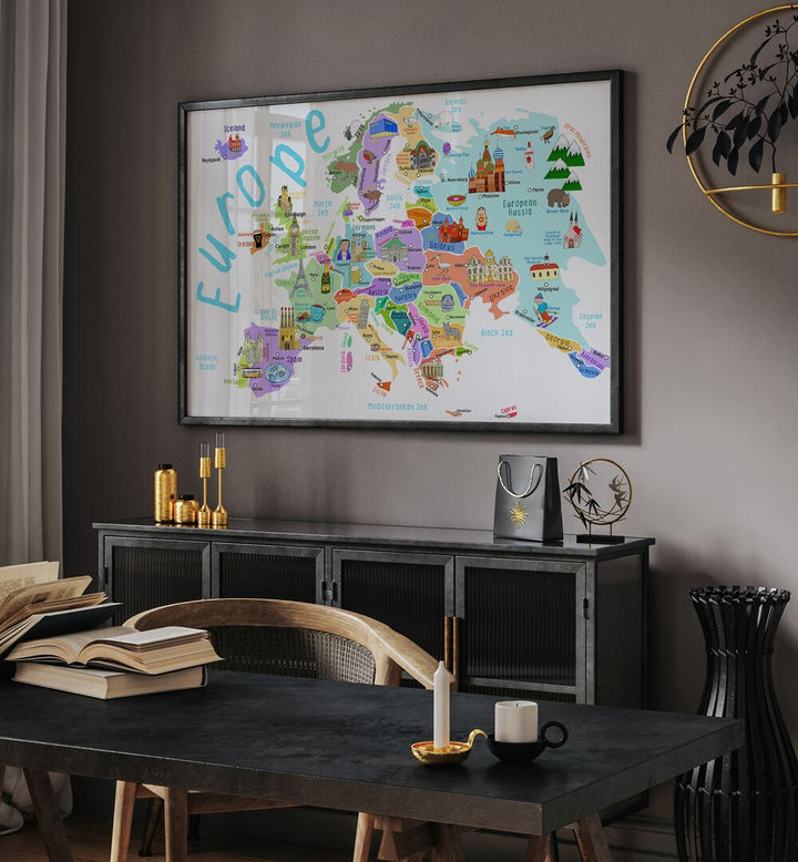 Europe Map With Famous Buildings By Carla Daly Kids Room Art placed on a wall 