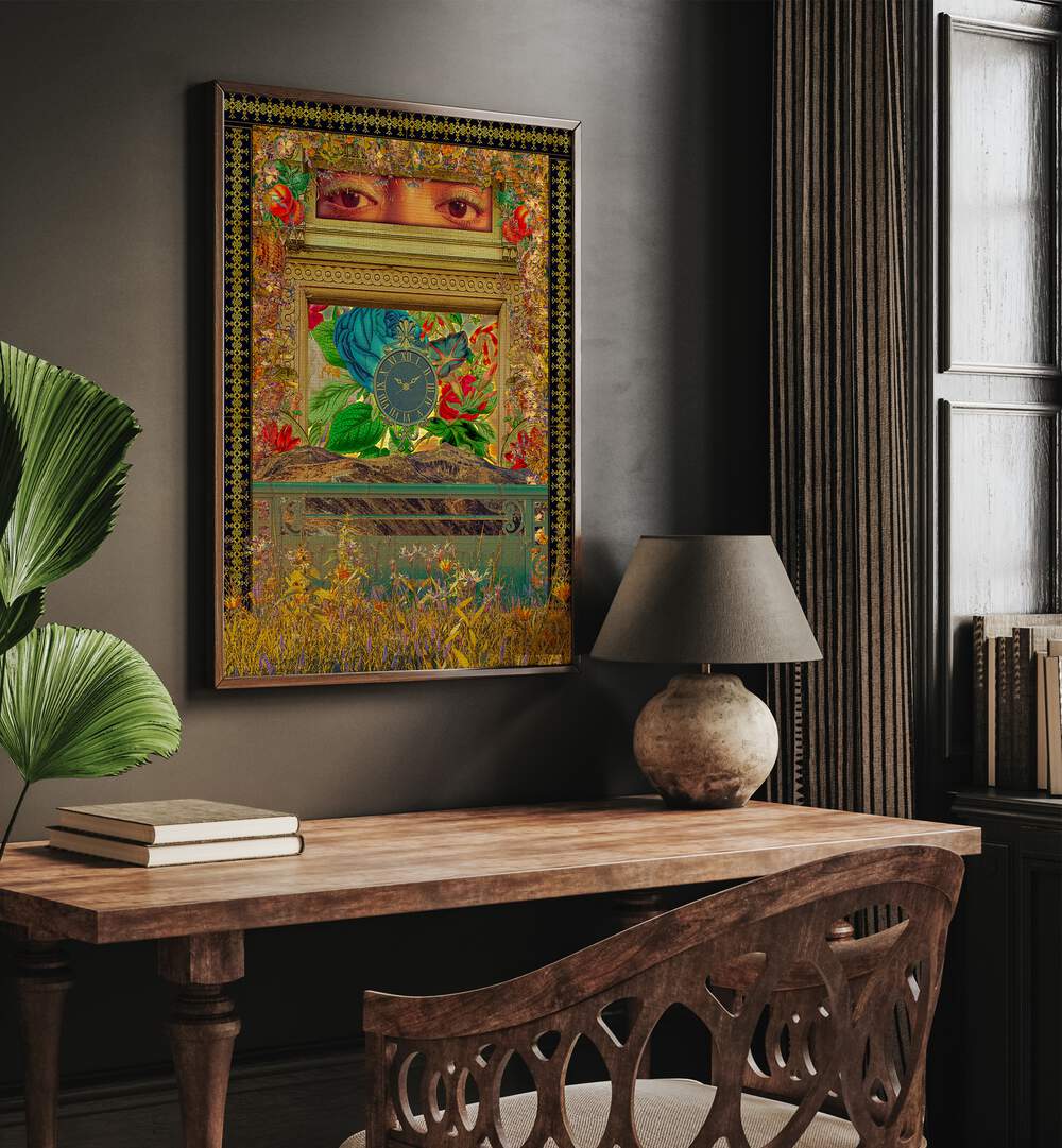 Event By Cosmo Zach Surreal Art Prints Surrealism in Oak Wood Plain Frame placed on the wall behind a study table and beside a window