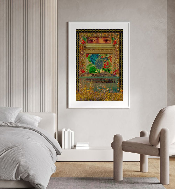 Event By Cosmo Zach Surreal Art Prints Surrealism in White Frame With Mount placed on a wall beside a bed for bedroom