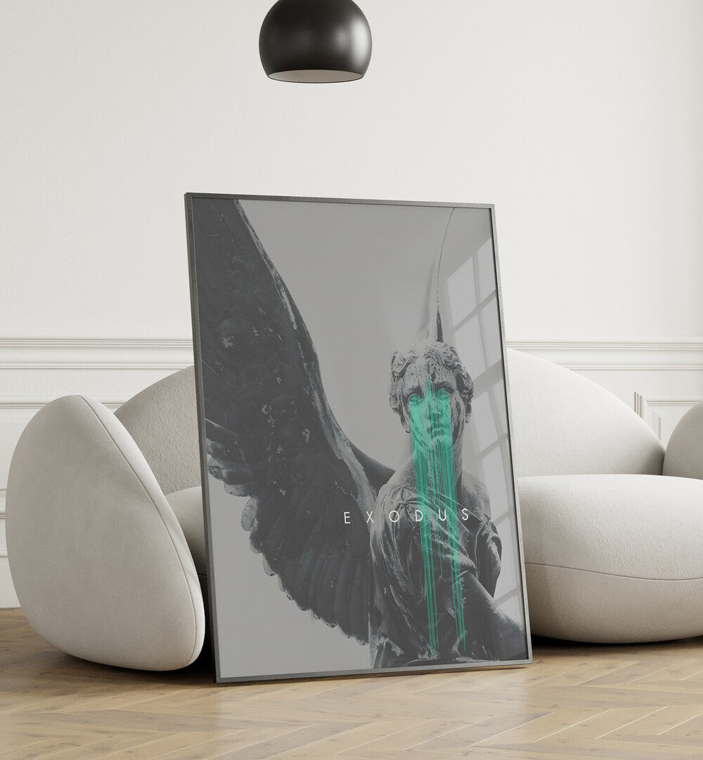 Exodus By Frank Moth Surreal Art Prints Surrealism in Black Plain Frame placed on the floor beside a sofa