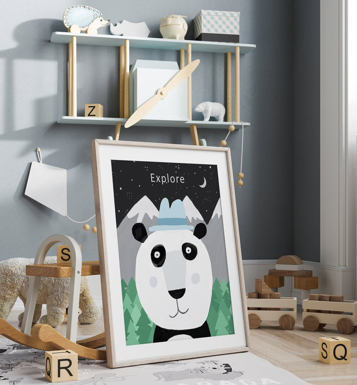 Explore The World With Cute Panda By Carla Daly Kids Painting placed on a wall 