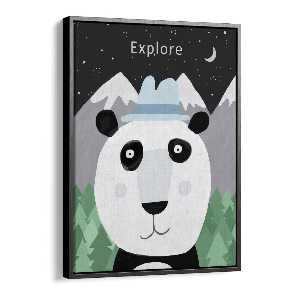 Explore The World With Cute Panda By Carla Daly Kids Painting in Black Floater Frame