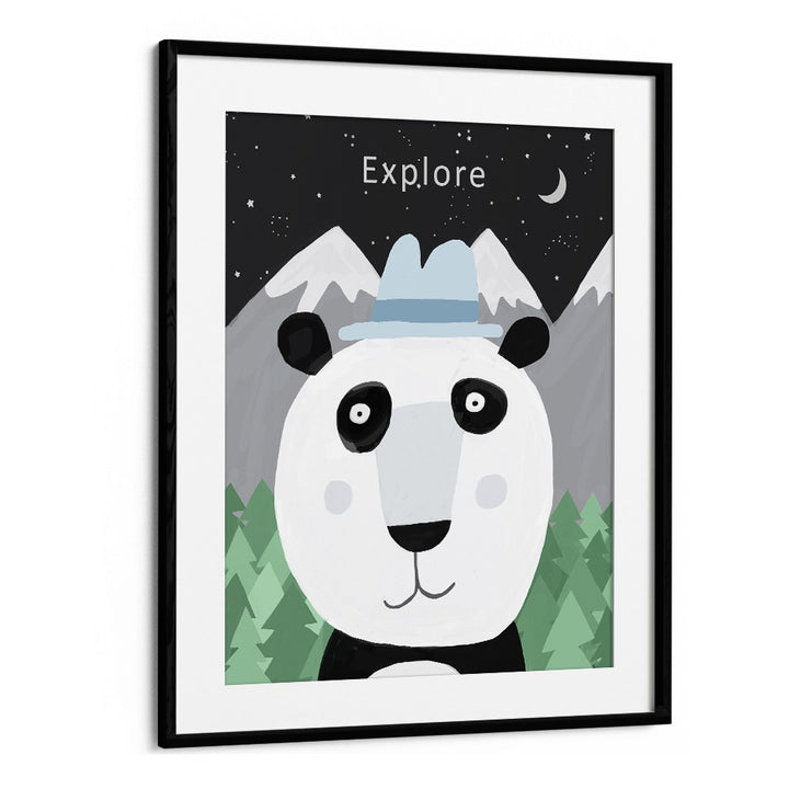 Explore The World With Cute Panda By Carla Daly Kids Painting in Black Frame With Mount