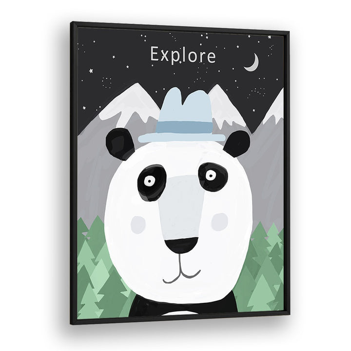 Explore The World With Cute Panda By Carla Daly Kids Painting in Black Plain Frame