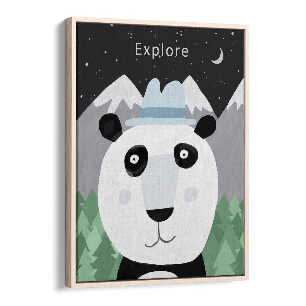 Explore The World With Cute Panda By Carla Daly Kids Painting in Oak Wood Floater Frame