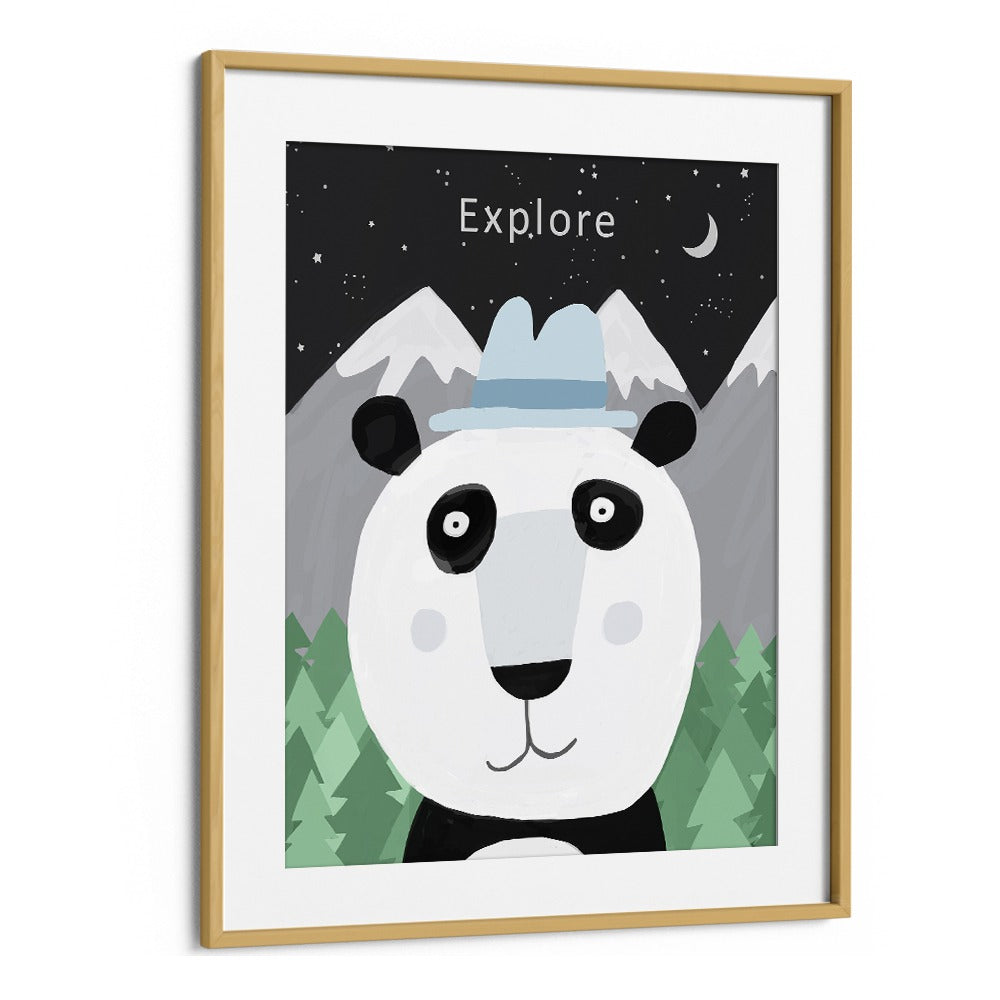 Explore The World With Cute Panda By Carla Daly Kids Painting in Oak Wood Frame With Mount