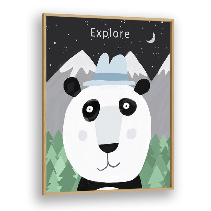 Explore The World With Cute Panda By Carla Daly Kids Painting in Oak Wood Plain Frame