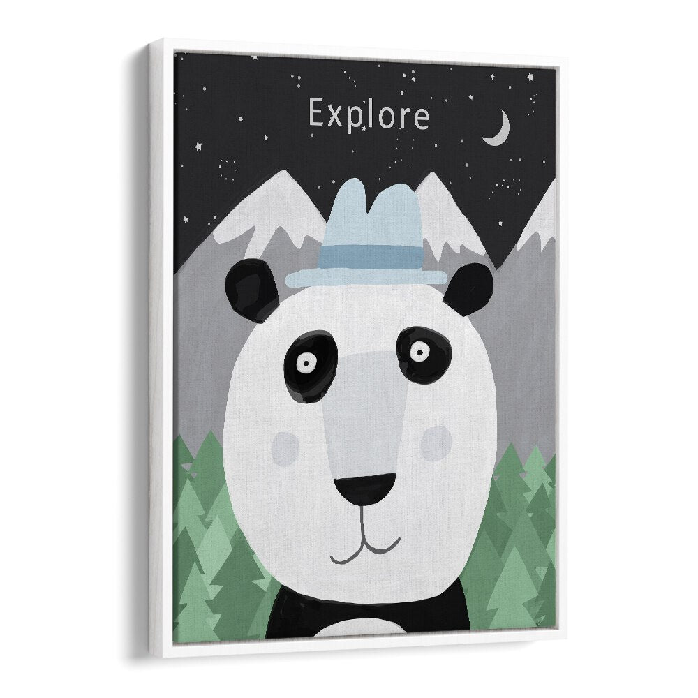 Explore The World With Cute Panda By Carla Daly Kids Painting in White Floater Frame