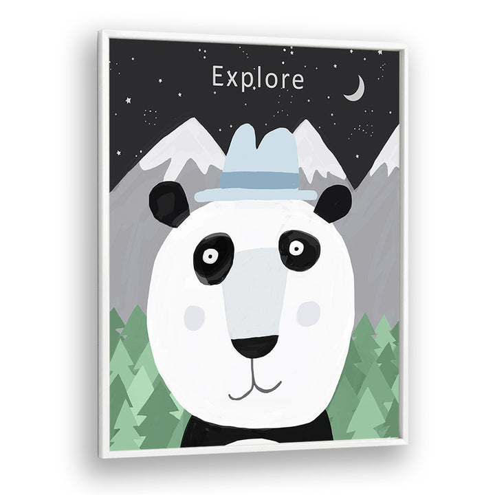 Explore The World With Cute Panda By Carla Daly Kids Painting in White Plain Frame