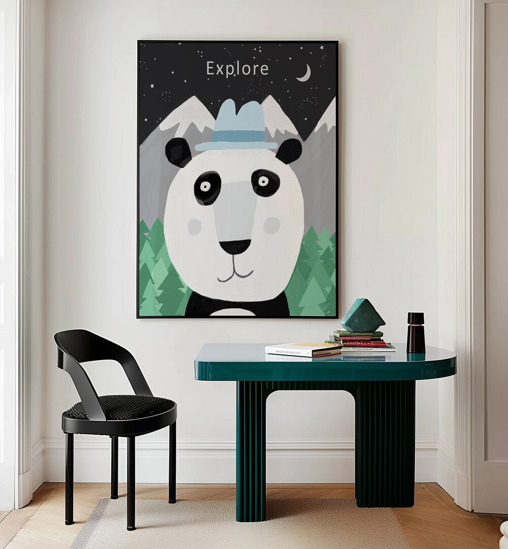 Explore The World With Cute Panda By Carla Daly Kids Painting placed on a wall 