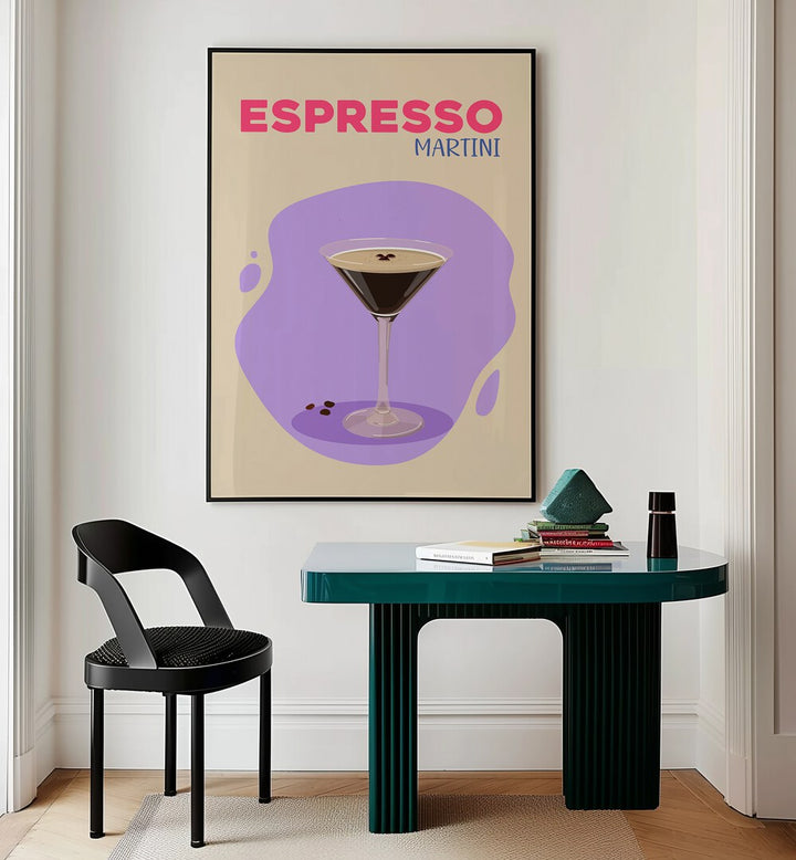 Expresso Martini Cafe Art Prints Cafe Posters in Black Plain Frame placed on a wall behind a study table