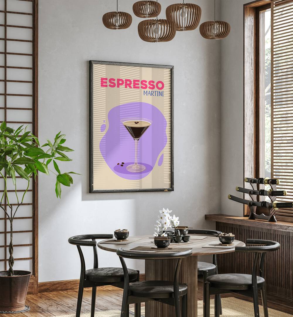 Expresso Martini Cafe Art Prints Cafe Posters in Black Plain Frame placed on a wall in a dining room area beside a window and behind a dining table