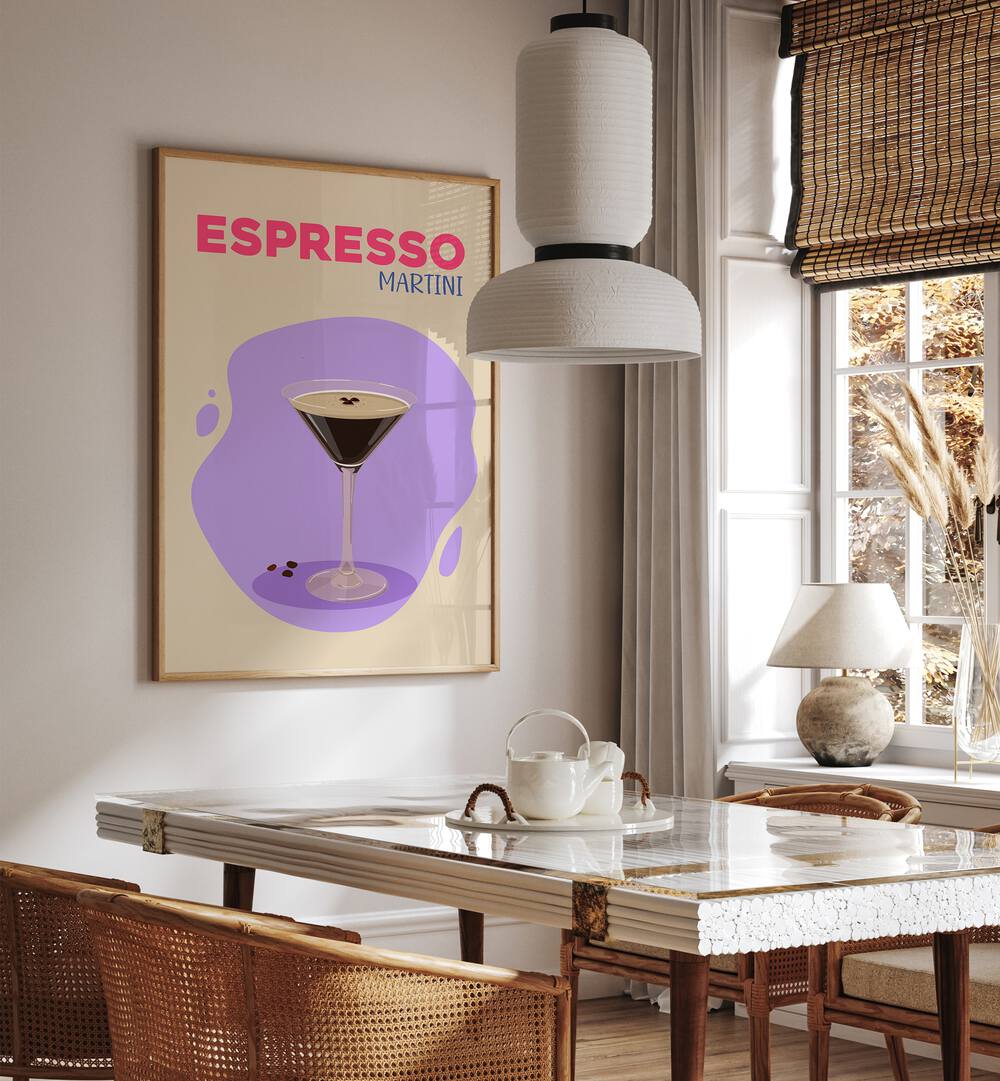 Expresso Martini Cafe Art Prints Cafe Posters in Oak Wood Plain Frame placed on a wall in a dining room area beside a window and behind a dining table