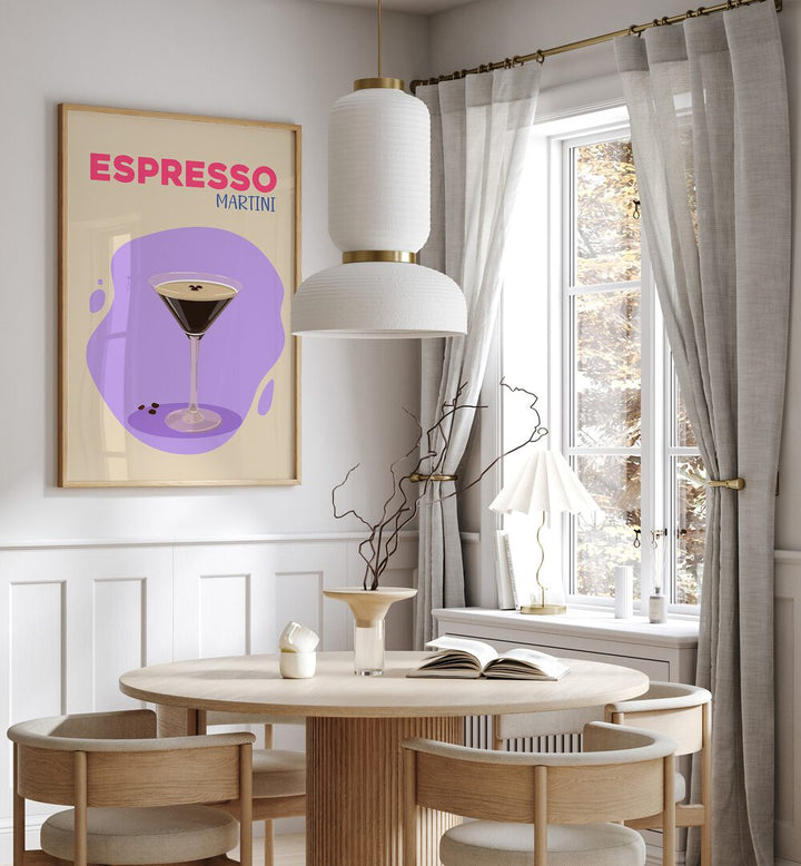 Expresso Martini Cafe Art Prints Cafe Posters in Oak Wood Plain Frame placed on a wall in a dining room area beside a window and behind a dining table