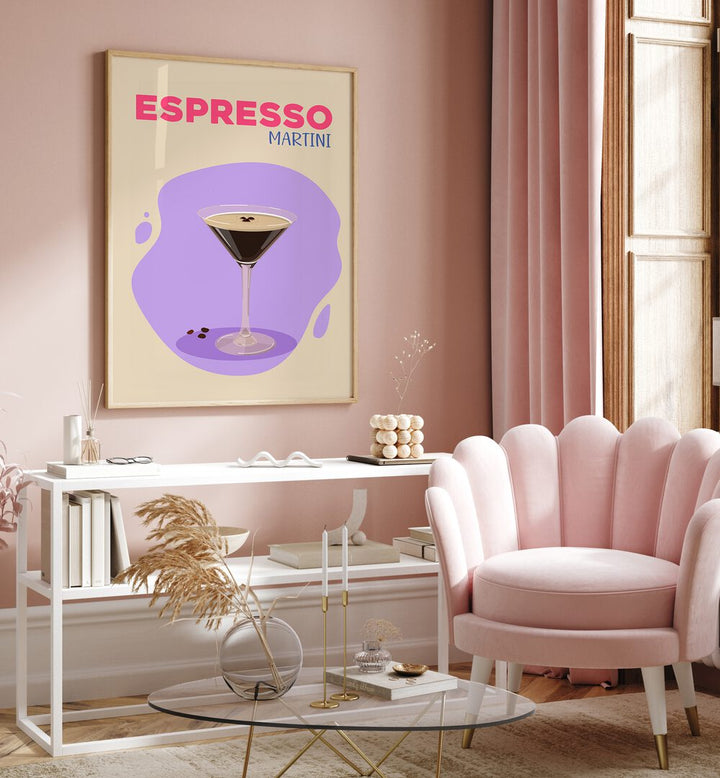 Expresso Martini Cafe Art Prints Cafe Posters in Oak Wood Plain Frame placed on a wall behind a table