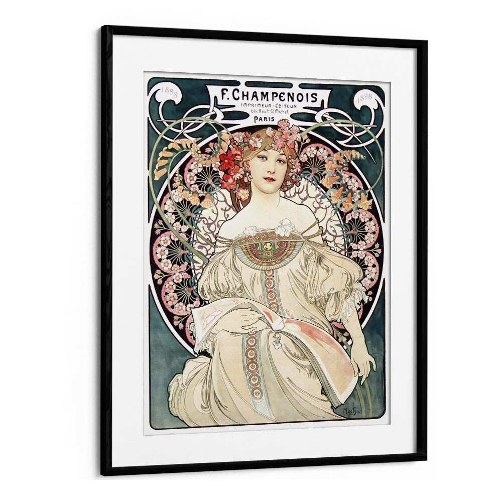 F Champenois Imprimeur Editeur 1898 By Alphonse Mucha Vintage Paintings in Black Frame With Mount