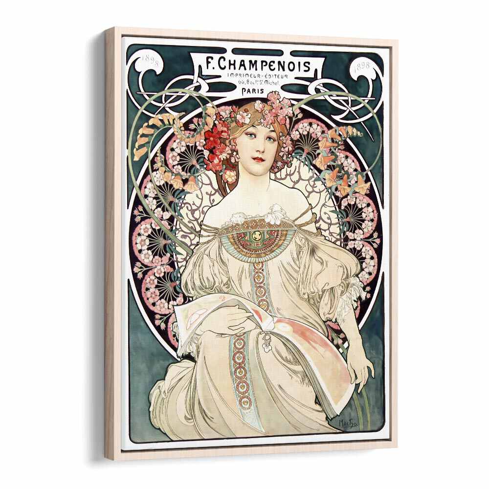 F Champenois Imprimeur Editeur 1898 By Alphonse Mucha Vintage Paintings in Oak Wood Floater Frame