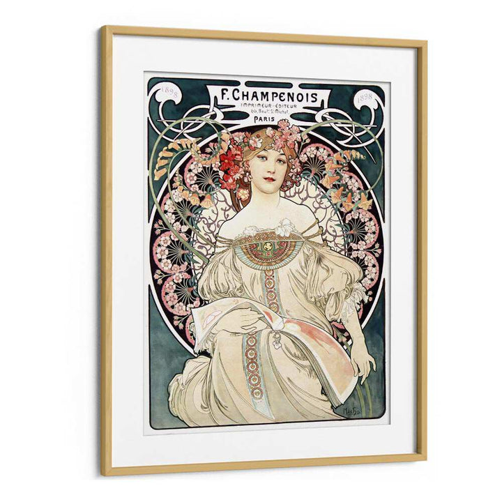 F Champenois Imprimeur Editeur 1898 By Alphonse Mucha Vintage Paintings in Oak Wood Frame With Mount