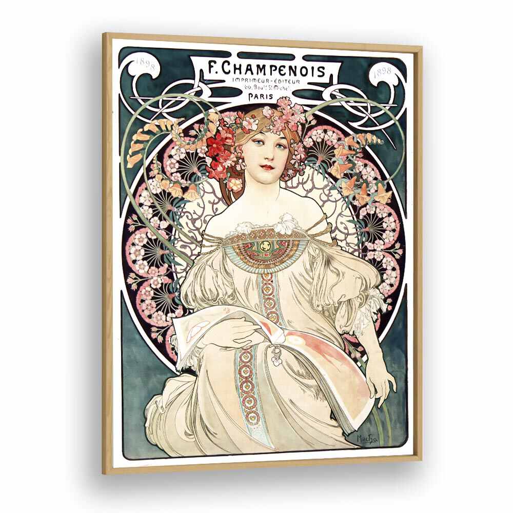 F Champenois Imprimeur Editeur 1898 By Alphonse Mucha Vintage Paintings in Oak Wood Plain Frame