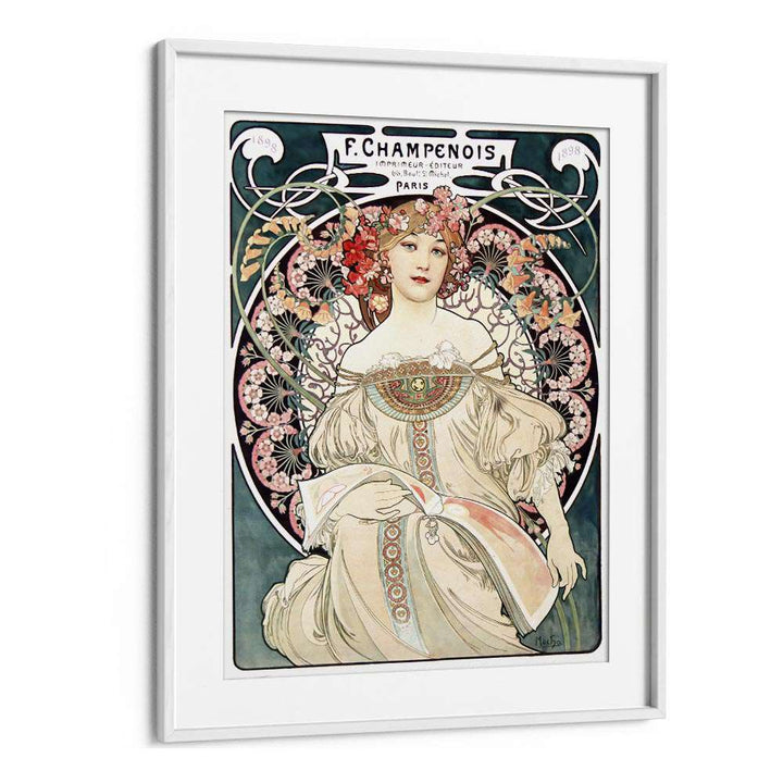 F Champenois Imprimeur Editeur 1898 By Alphonse Mucha Vintage Paintings in White Frame With Mount