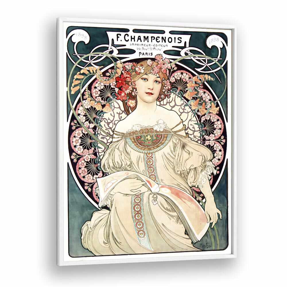 F Champenois Imprimeur Editeur 1898 By Alphonse Mucha Vintage Paintings in White Plain Frame