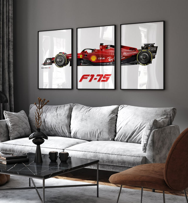 F1-75 Carlos Sainz Jr. 55 Set Of 3 Paintings in Black Plain Frame placed on a living room wall behind a sofa