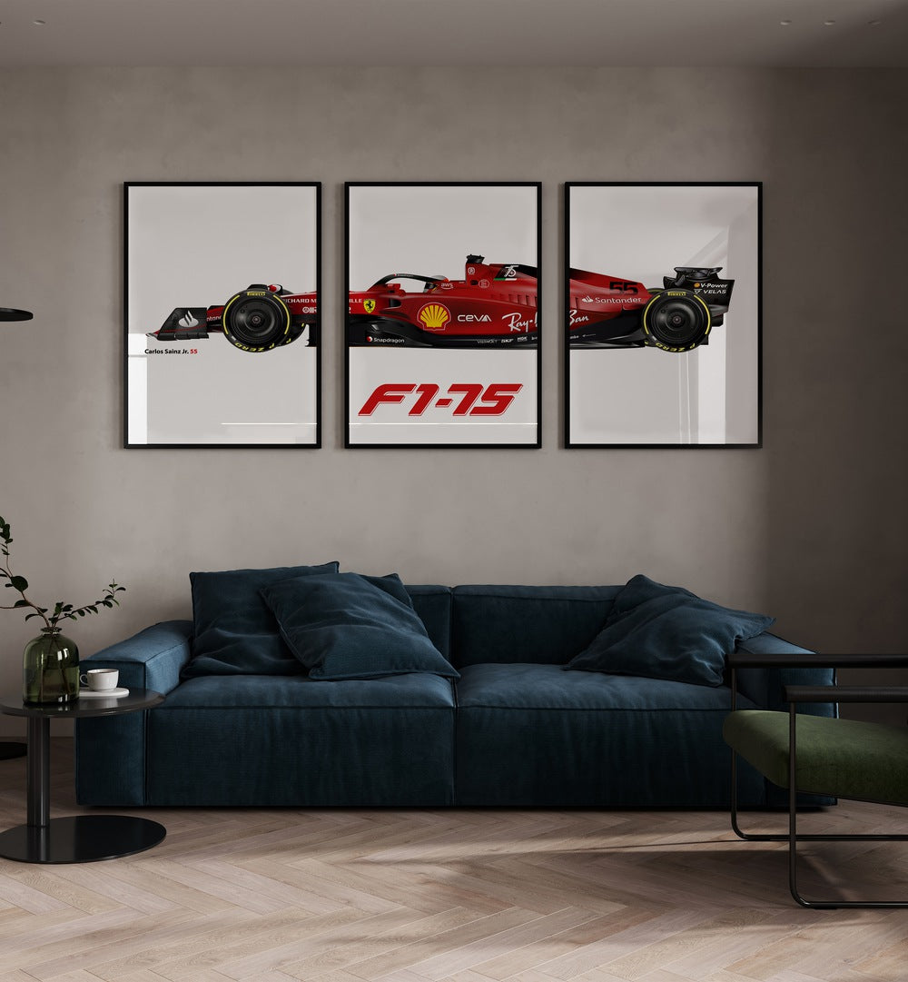 F1-75 Carlos Sainz Jr. 55 Set Of 3 Paintings in Black Plain Frame placed on a living room wall behind a sofa