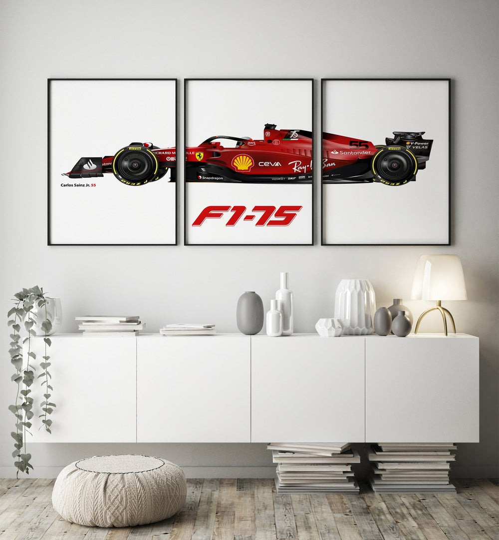 F1-75 Carlos Sainz Jr. 55 Set Of 3 Paintings in Black Plain Frame placed on a wall behind a console table