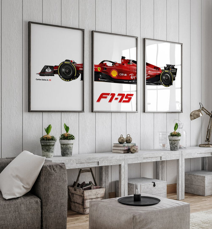 F1-75 Carlos Sainz Jr. 55 Set Of 3 Paintings in Black Plain Frame placed on a wall behind tables