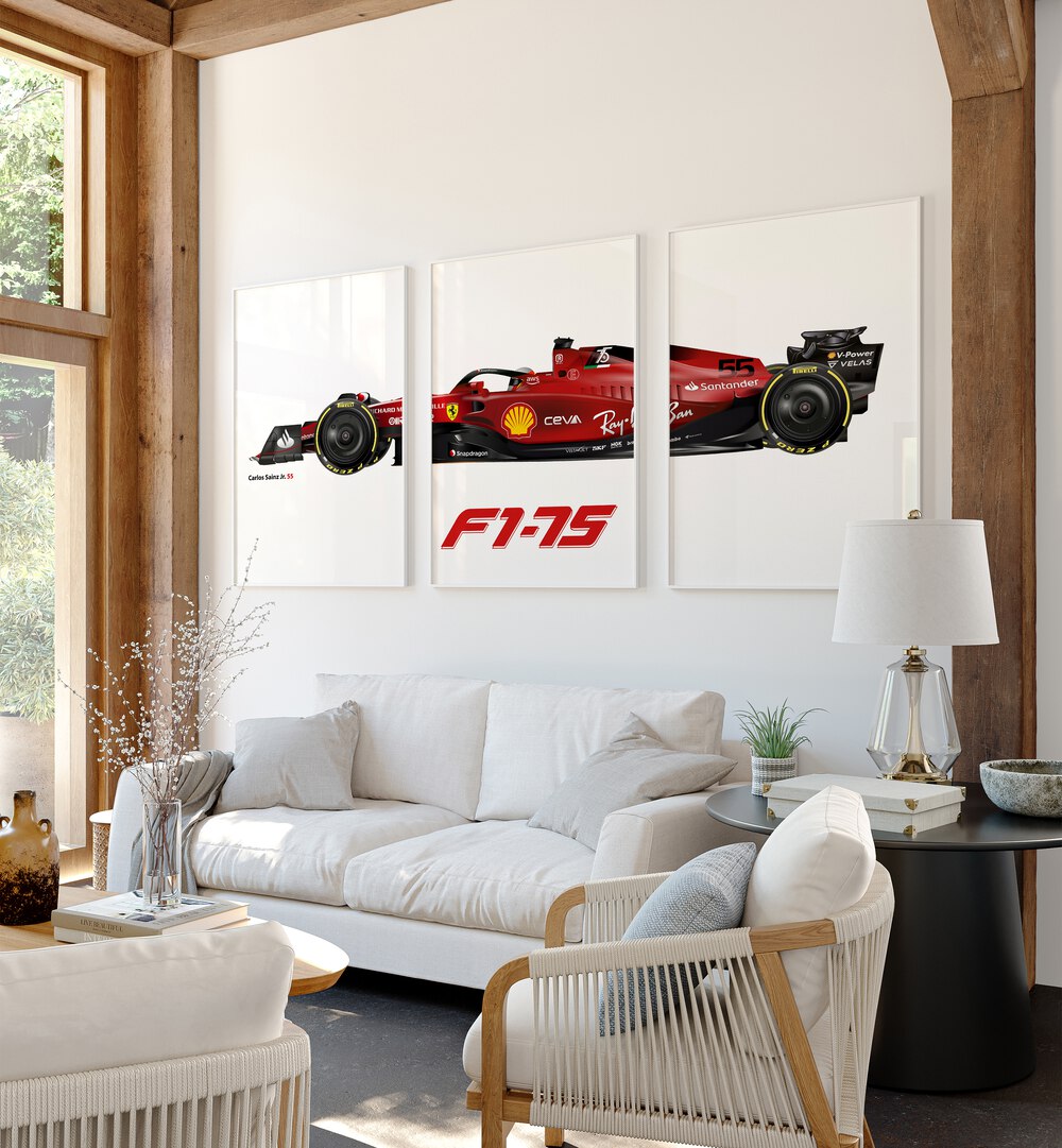 F1-75 Carlos Sainz Jr. 55 Set Of 3 Paintings in White Plain Frame placed on a living room wall behind a sofa