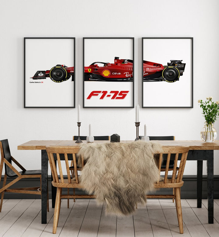 F1-75 Carlos Sainz Jr. 55 Set Of 3 Paintings in Black Plain Frame placed on a wall behind a dining table for dining area