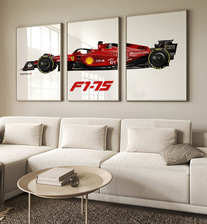 F1-75 Carlos Sainz Jr. 55 Set Of 3 Paintings in Oak Wood Plain Frame placed on a living room wall behind a sofa