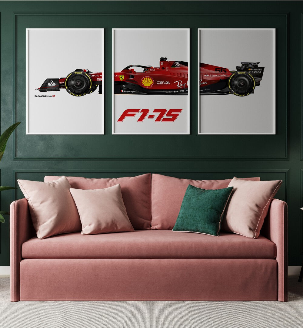 F1-75 Carlos Sainz Jr. 55 Set Of 3 Paintings in White Plain Frame placed on a living room wall behind a sofa