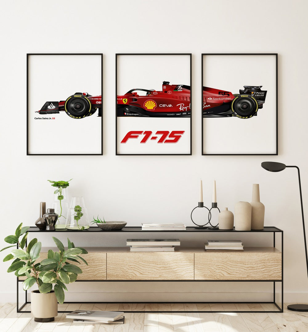 F1-75 Carlos Sainz Jr. 55 Set Of 3 Paintings in Black Plain Frame placed on a wall behind a table