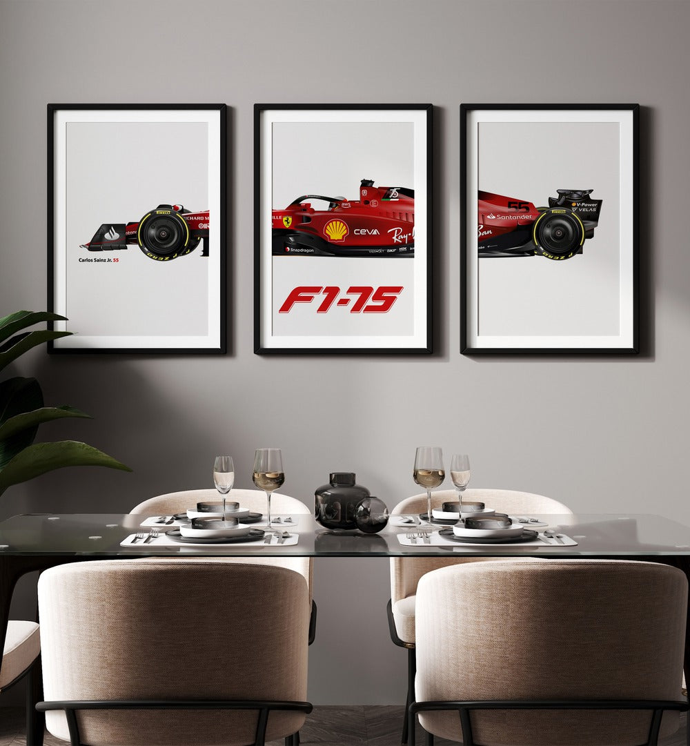 F1-75 Carlos Sainz Jr. 55 Set Of 3 Paintings in Black Frame With Mount placed on a wall behind a dining table for dining area