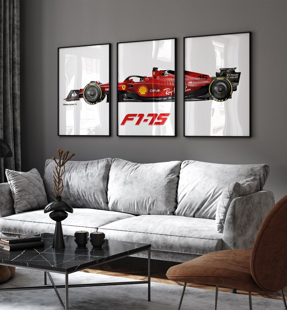 F1-75-Charles Leclerc 16 Set Of 3 Paintings in Black Plain Frame placed on a grey wall behind a sofa for living room