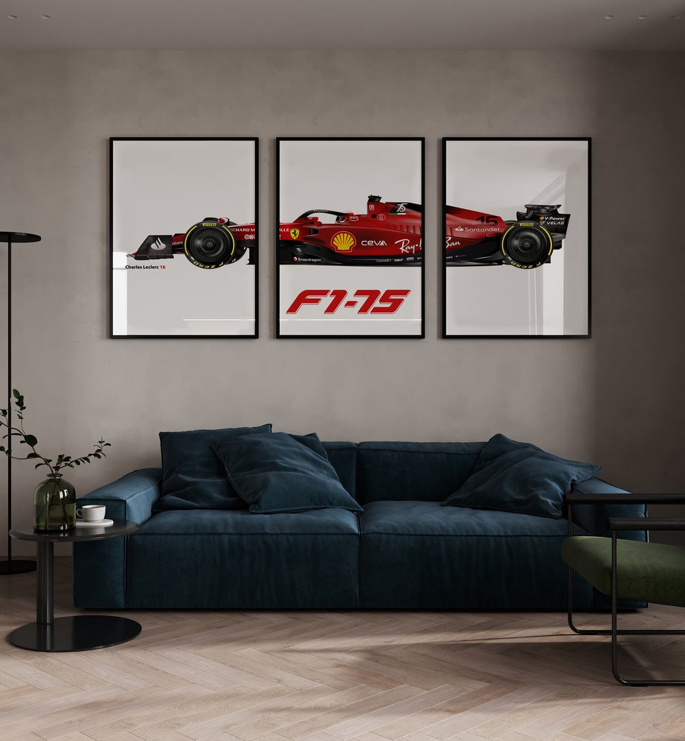 F1-75-Charles Leclerc 16 Set Of 3 Paintings in Black Plain Frame placed on a beige wall behind a blue sofa