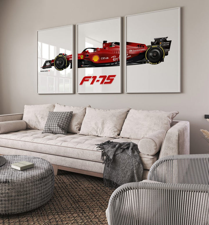 F1-75-Charles Leclerc 16 Set Of 3 Paintings in White Plain Frame placed on a white wall behind a sofa for living room