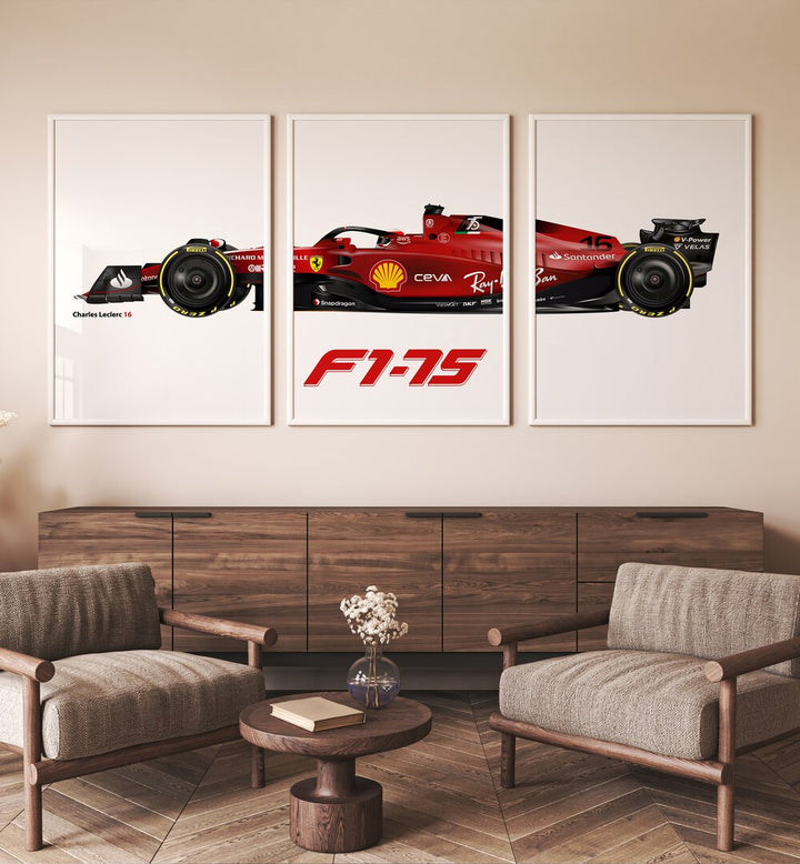 F1-75-Charles Leclerc 16 Set Of 3 Paintings in White Plain Frame placed on a wall behind a console table 