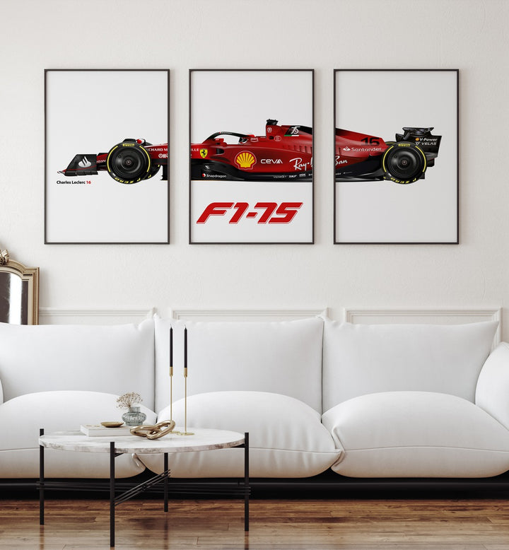 F1-75-Charles Leclerc 16 Set Of 3 Paintings in Black Plain Frame placed on a white wall behind a white sofa