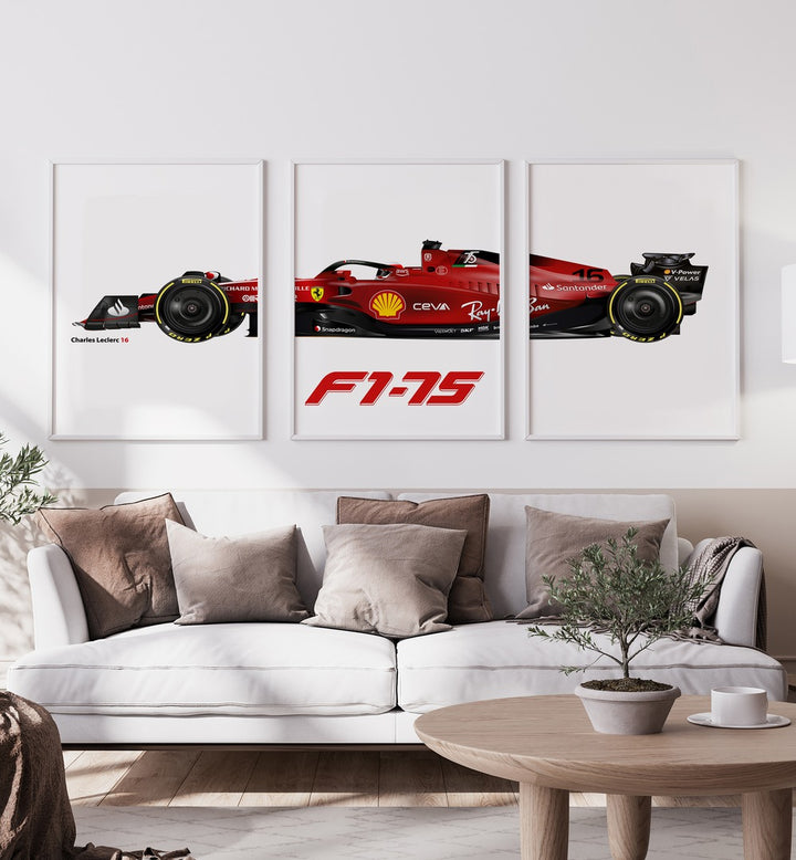 F1-75-Charles Leclerc 16 Set Of 3 Paintings in White Plain Frame placed on a white wall behind a sofa for living room