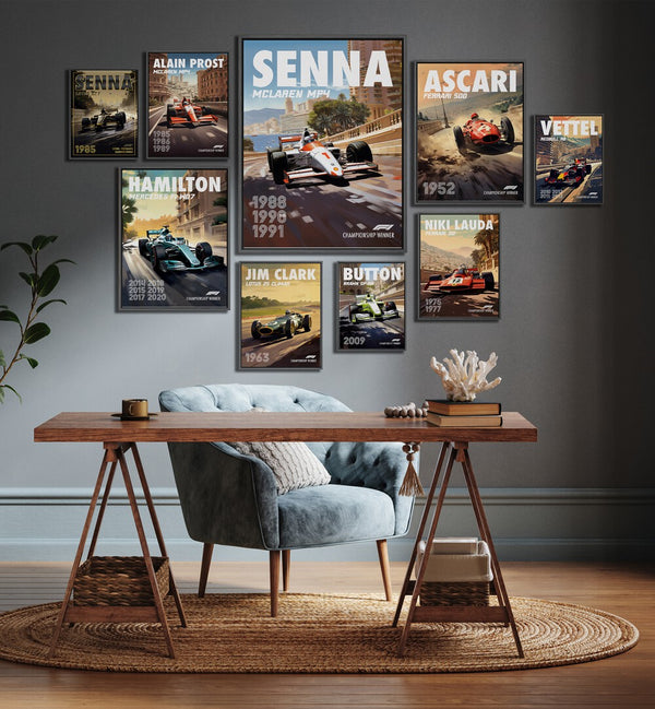 F1 CHAMPIONS GALLERY WALL at Asianmonk showcases iconic drivers in a stunning gallery wall display.