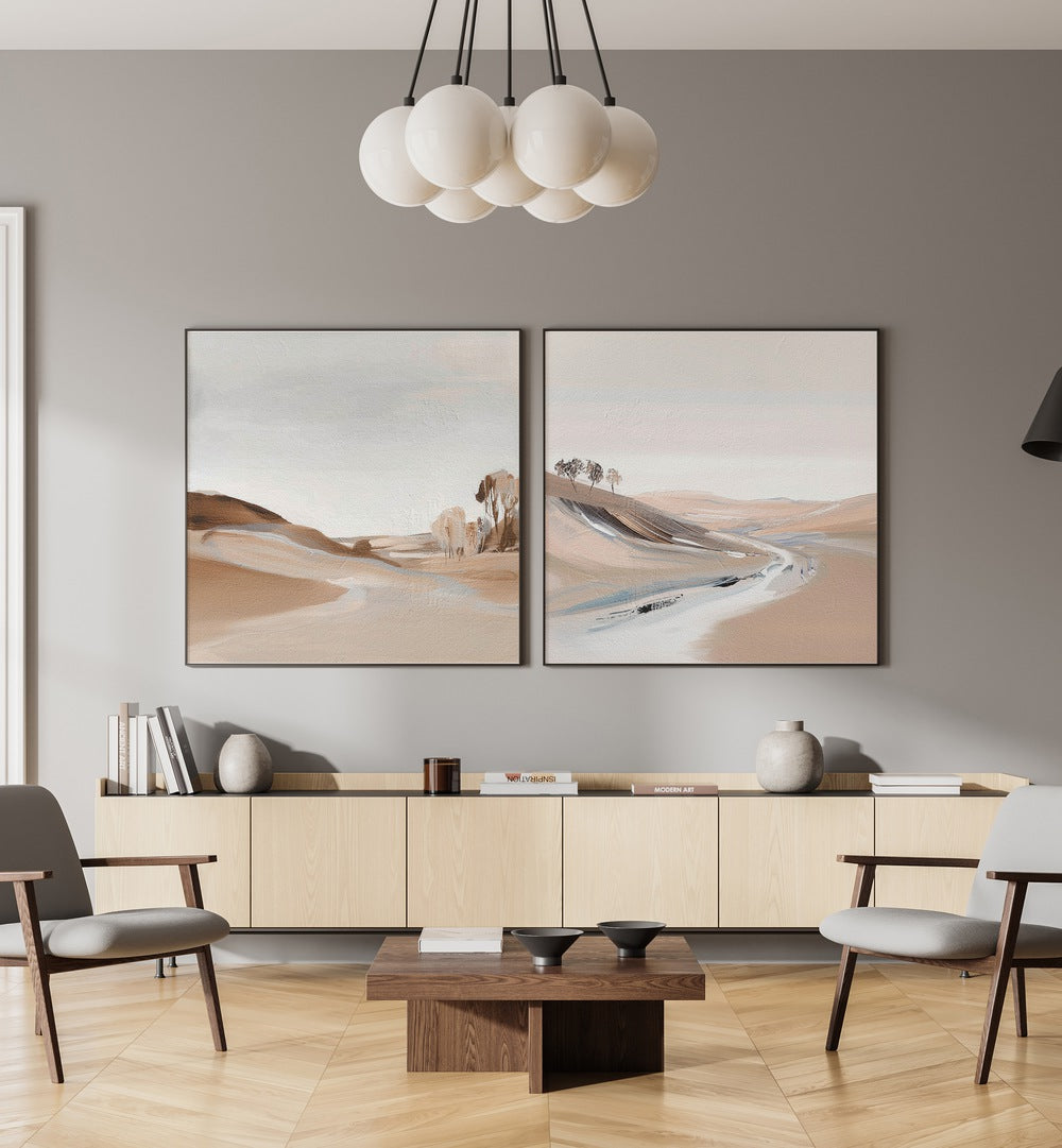 Enhance your decor with the FARM VIEW SET, SET OF 2 PAINTINGS, showcasing serene rural landscapes for a tranquil atmosphere.