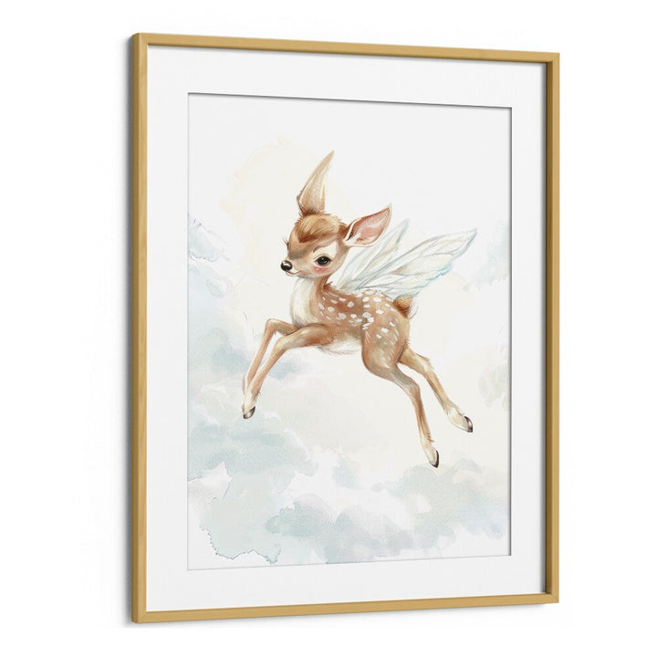 Fawn Fairy Frolic I Kids Art Artwork in Oak Wood Frame With Mount
