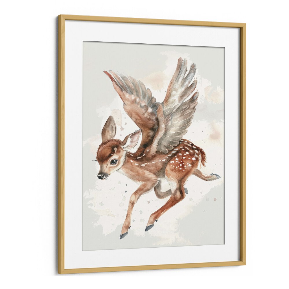 Fawn Fairy Frolic II Kids Art Artwork in Oak Wood Frame With Mount
